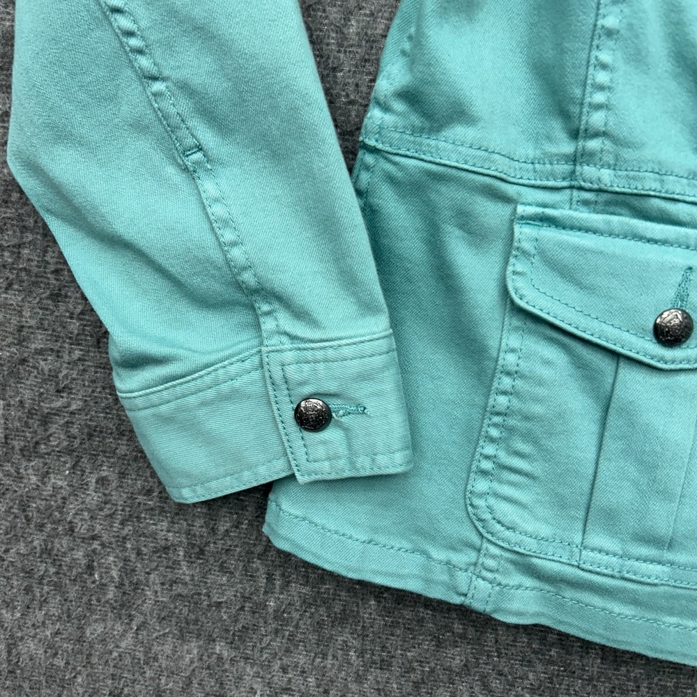 Talbots Band Collar Front Button Pockets Jean Jacket Teal Size Large Petite - Picture 2 of 8